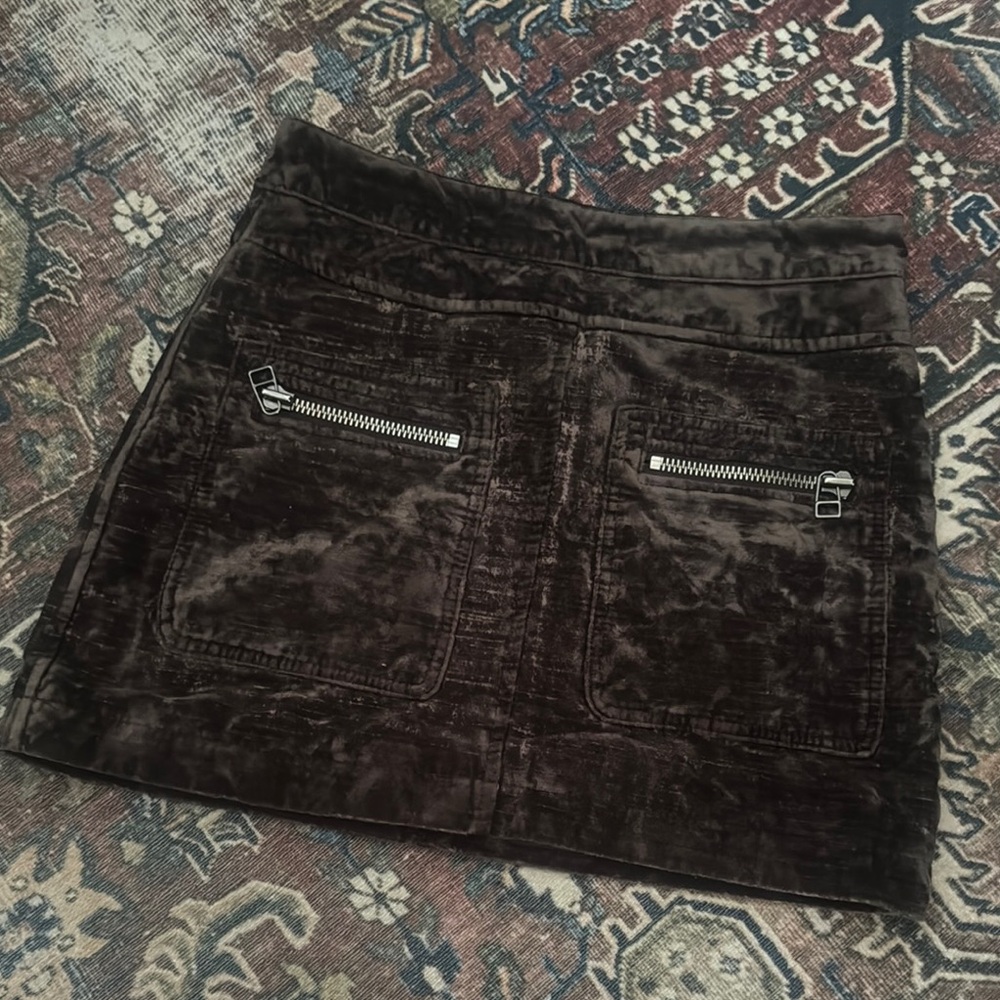 Velvet Mini Skirt with Front Zip Pockets - Dark Brown